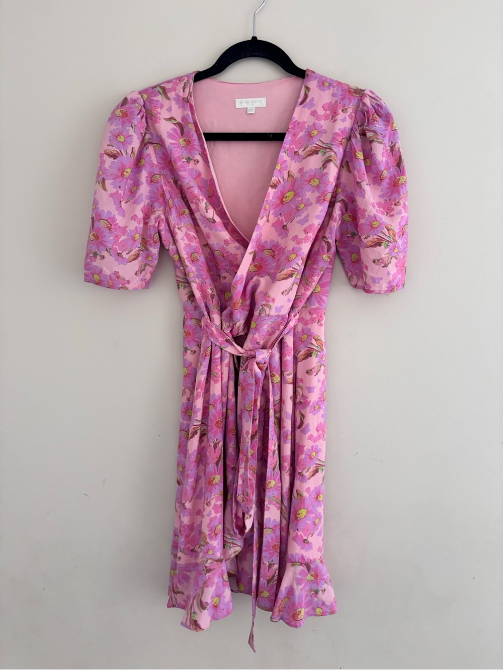 Miss Sixty Vibtage Pink Floral Wrap Dress with Puff Sleeves